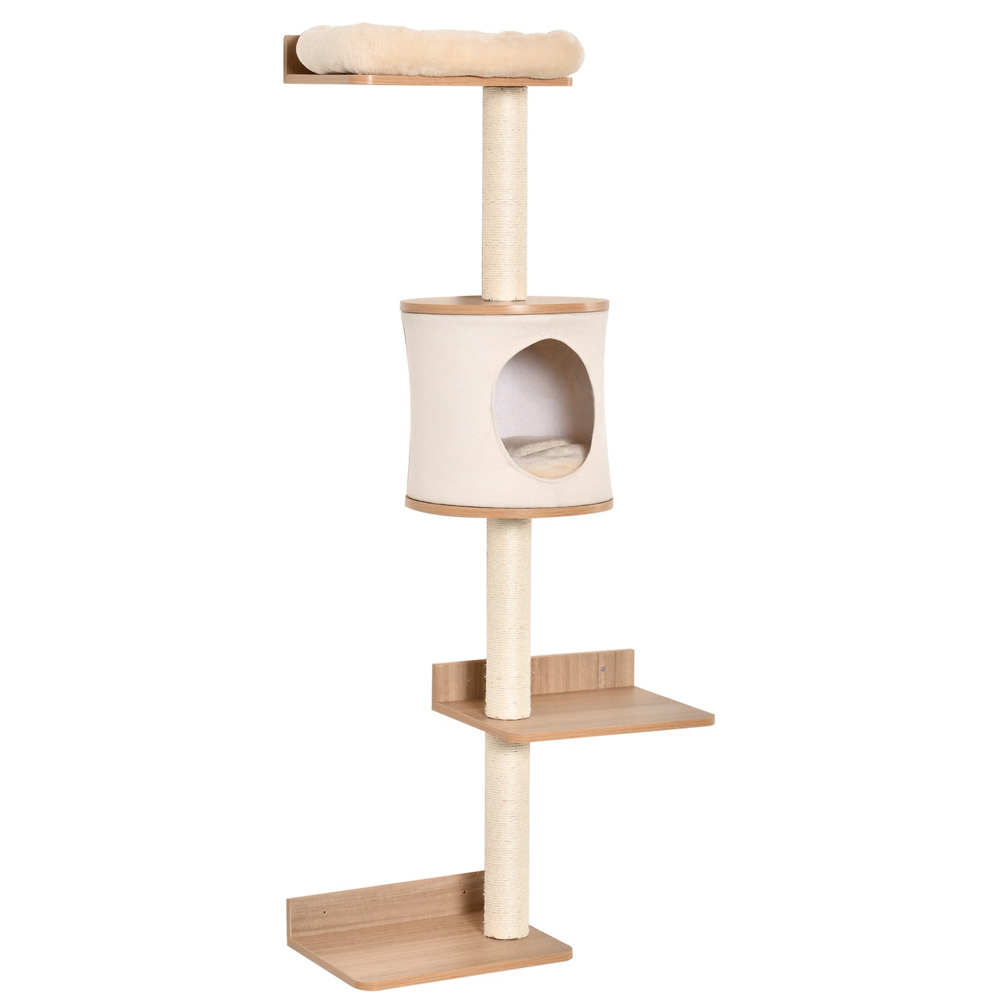 PawHut Árvore para Gatos de Parede com Múltiplas Plataformas Caverna Cama Superior Almofada Removível Postes Arranhadores de Sisal Torre para Escalar 38x30x149cm Bege e Carvalho