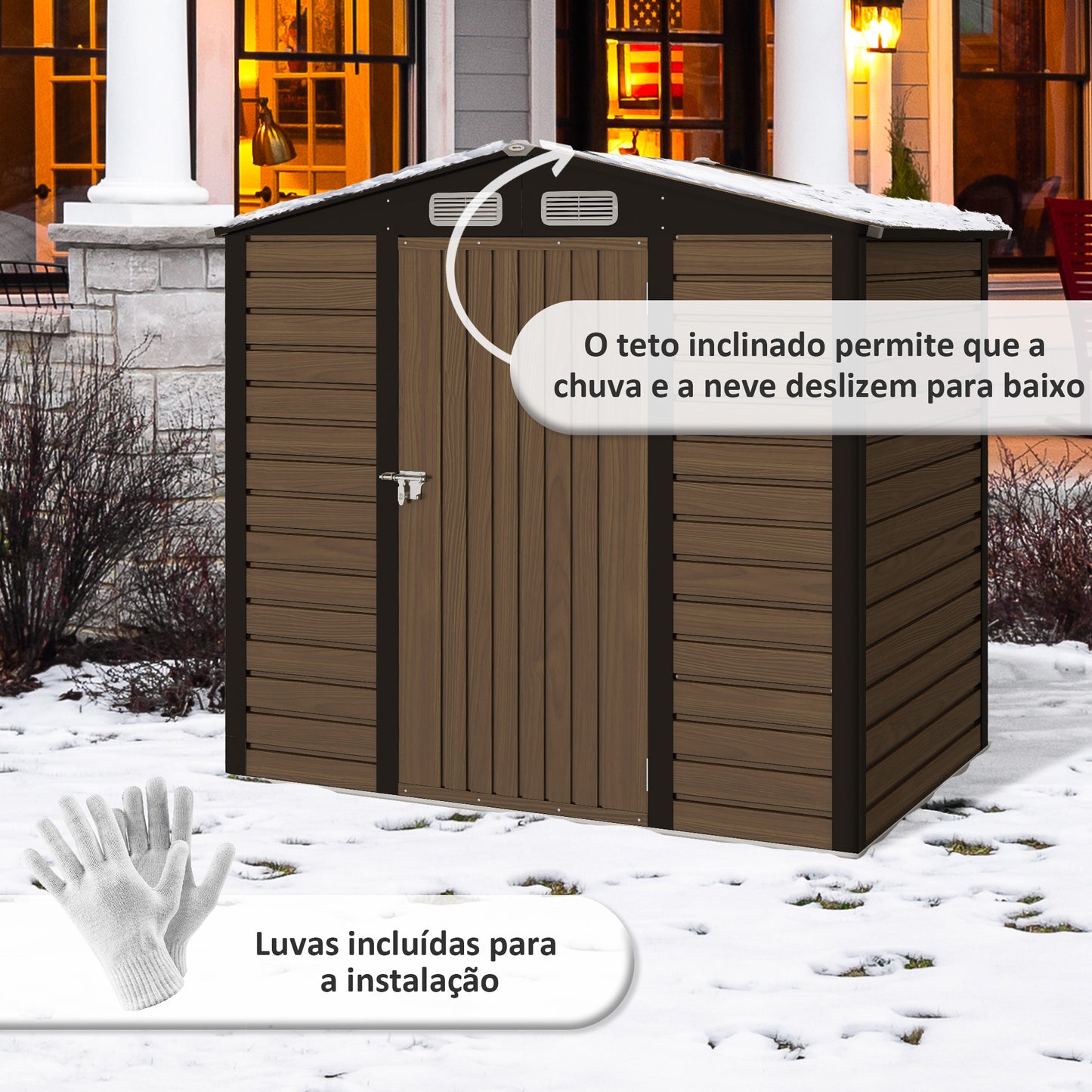 Outsunny Abrigo de Jardim 190x132x187 cm Abrigo de Ferramentas com 2 Janelas de Ventilação e Porta com Fechadura para Pátio Terraço Carvalho