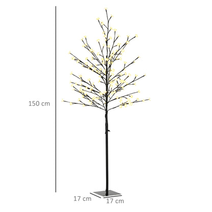 HOMCOM Árvore Cerejeira com 150 Luzes LED IP44 Branco Quente Árvore Decorativa com Ramos Flexíveis para Sala de Estar Festas Interior 17x17x150cm Preto