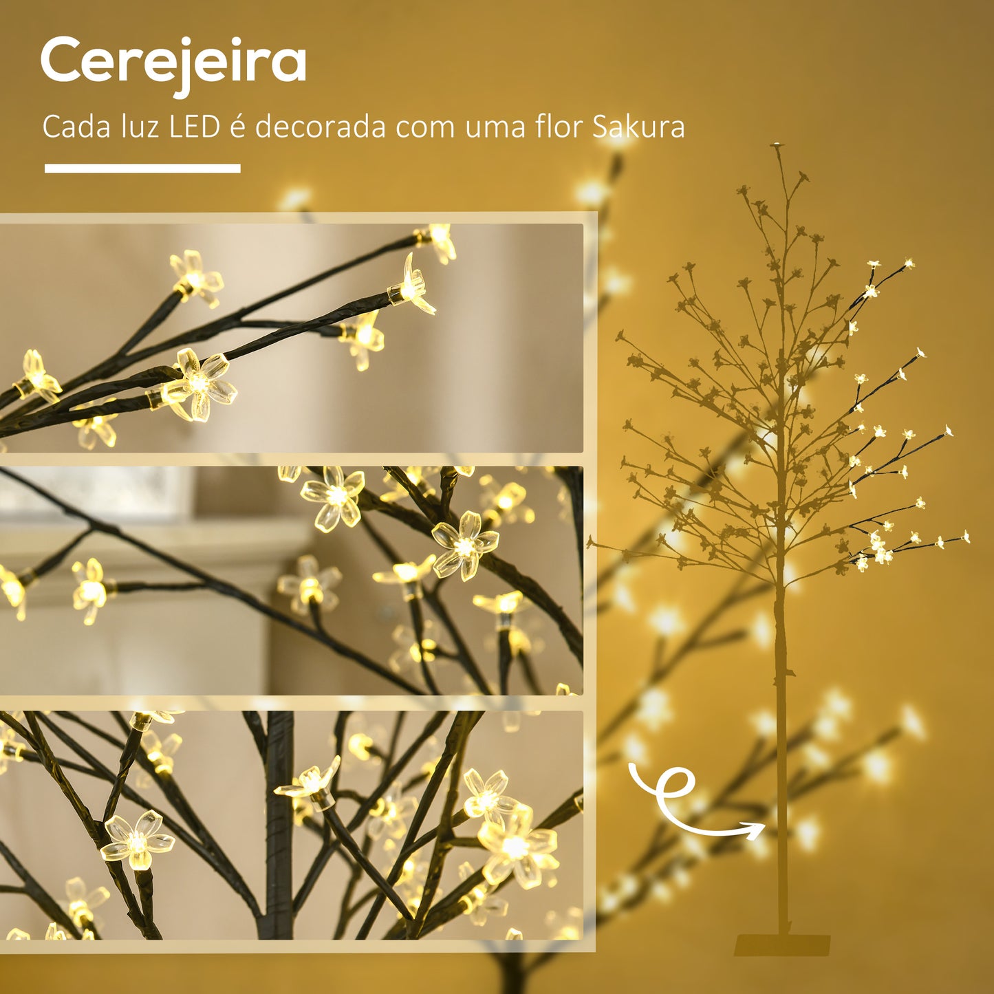 HOMCOM Árvore Cerejeira com 150 Luzes LED IP44 Branco Quente Árvore Decorativa com Ramos Flexíveis para Sala de Estar Festas Interior 17x17x150cm Preto