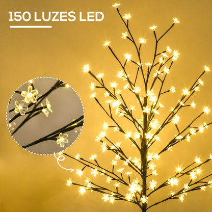 HOMCOM Árvore Cerejeira com 150 Luzes LED IP44 Branco Quente Árvore Decorativa com Ramos Flexíveis para Sala de Estar Festas Interior 17x17x150cm Preto