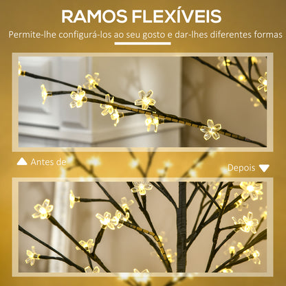 HOMCOM Árvore Cerejeira com 150 Luzes LED IP44 Branco Quente Árvore Decorativa com Ramos Flexíveis para Sala de Estar Festas Interior 17x17x150cm Preto