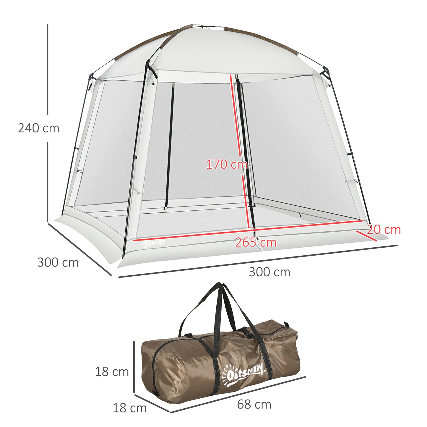 Outsunny Tenda de Jardim 3x3 m Tenda para 6-8 Pessoas com 4 Mosquiteiras e 2 Portas Proteção UV50+ Inclui Bolsa de Transporte para Pátio Exterior Branco