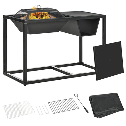 Outsunny Braseiro 4 em 1 de Aço Galvanizado para Jardim Barbecue a Lenha Cubo de Gelo Mesa de Jardim com Tampa Protetora de Faíscas e Atiçador 100x46,5x64cm Preto