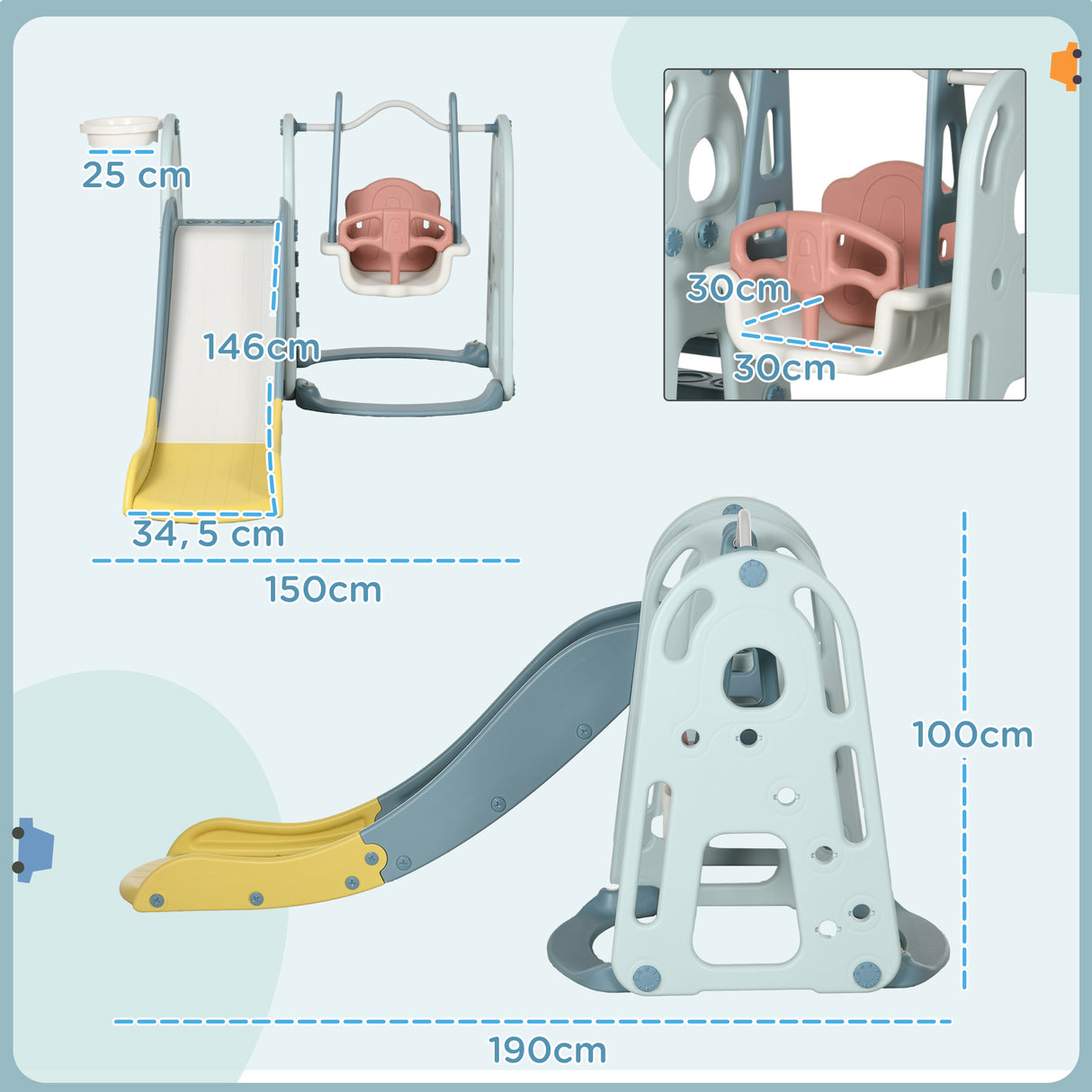 HOMCOM Escorrega Infantil com Baloiço e Cesta de Basquetebol 3 em 1 para Crianças acima de 18 meses com Assento Ajustável Centro de Atividades para Interior e Exterior 145x190x97cm Multicor