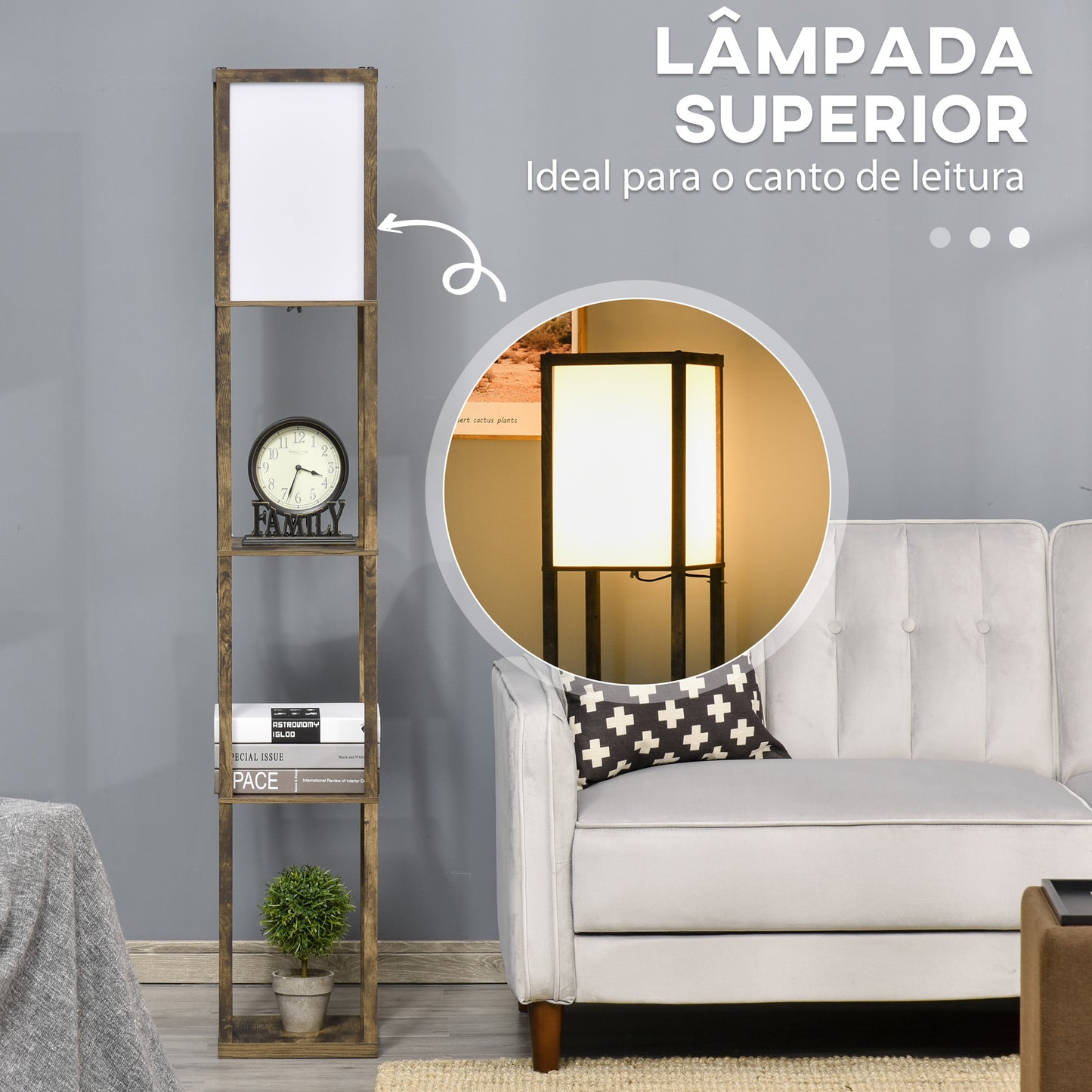 HOMCOM Candeeiro de Pé de Madeira com 3 Prateleiras De Armazenamento para Lâmpada E27 Potência Máx. 40W Candeeiro Moderno para Sala de Estar Dormitório 26x26x160 cm Marrom Rústico