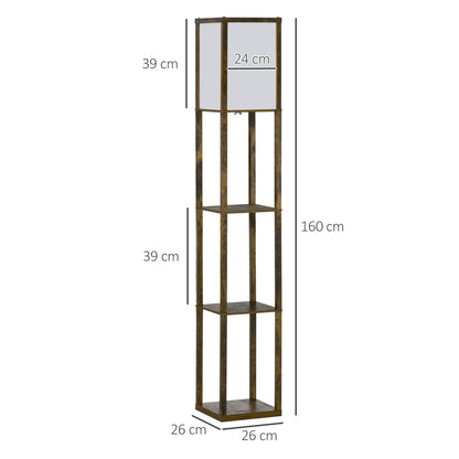 HOMCOM Candeeiro de Pé de Madeira com 3 Prateleiras De Armazenamento para Lâmpada E27 Potência Máx. 40W Candeeiro Moderno para Sala de Estar Dormitório 26x26x160 cm Marrom Rústico