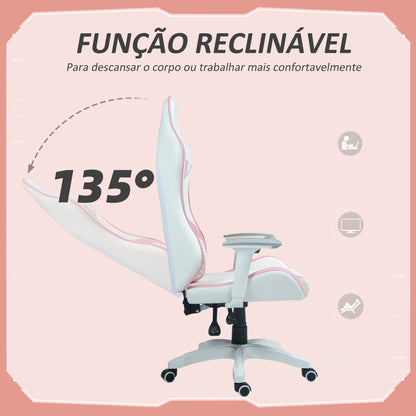 HOMCOM Cadeira Gaming Reclinável Cadeira Gamer Giratória com Almofada Lombar Apoios de Braços Ajustáveis Apoio de Cabeça Basculante e Altura Ajustável para Escritório 67x60x120-128 cm Branco e Rosa