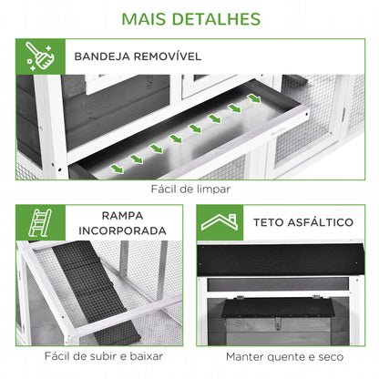 PawHut Galinheiro Exterior de Madeira Gaiola para Galinhas de 2 Níveis com Ninho Zona Aberta Teto Asfáltico Bandeja Removível e Rampa 175,4x95,5x100cm Cinza