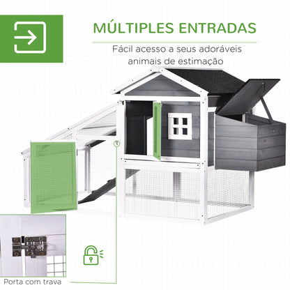 PawHut Galinheiro Exterior de Madeira Gaiola para Galinhas de 2 Níveis com Ninho Zona Aberta Teto Asfáltico Bandeja Removível e Rampa 175,4x95,5x100cm Cinza