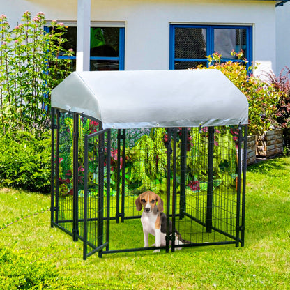 PawHut Parque para Animais de Estimação com Teto 120x120x138cm Canil para Cães com Malha de Metal e Porta com Fechadura para Jardim Pátio Preto e Prata