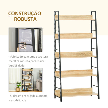 HOMCOM Estante de Estilo Industrial com 5 Níveis Estante de Sala de Estar para Livros com Estrutura de Metal Carga 25 kg para Escritório Estudo 70x35x149,5 cm Natural