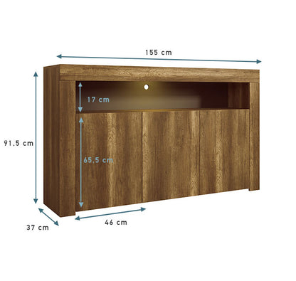 Aparador Alays - Com Luzes Led - 
Cor Carvalho Barok - 155 cm x 91,5 cm x 37 cm - Design Moderno