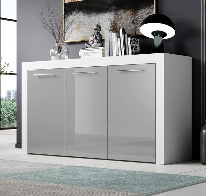 Aparador Neyla de 144cm - Branco/Cinzento Brilhante - Design Moderno