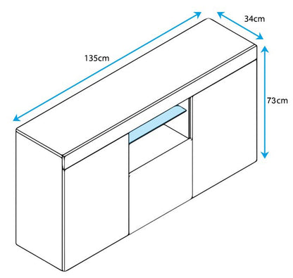 Aparador Elma de 135 cm com Luz LED - Branco e Preto Mate - Design Moderno