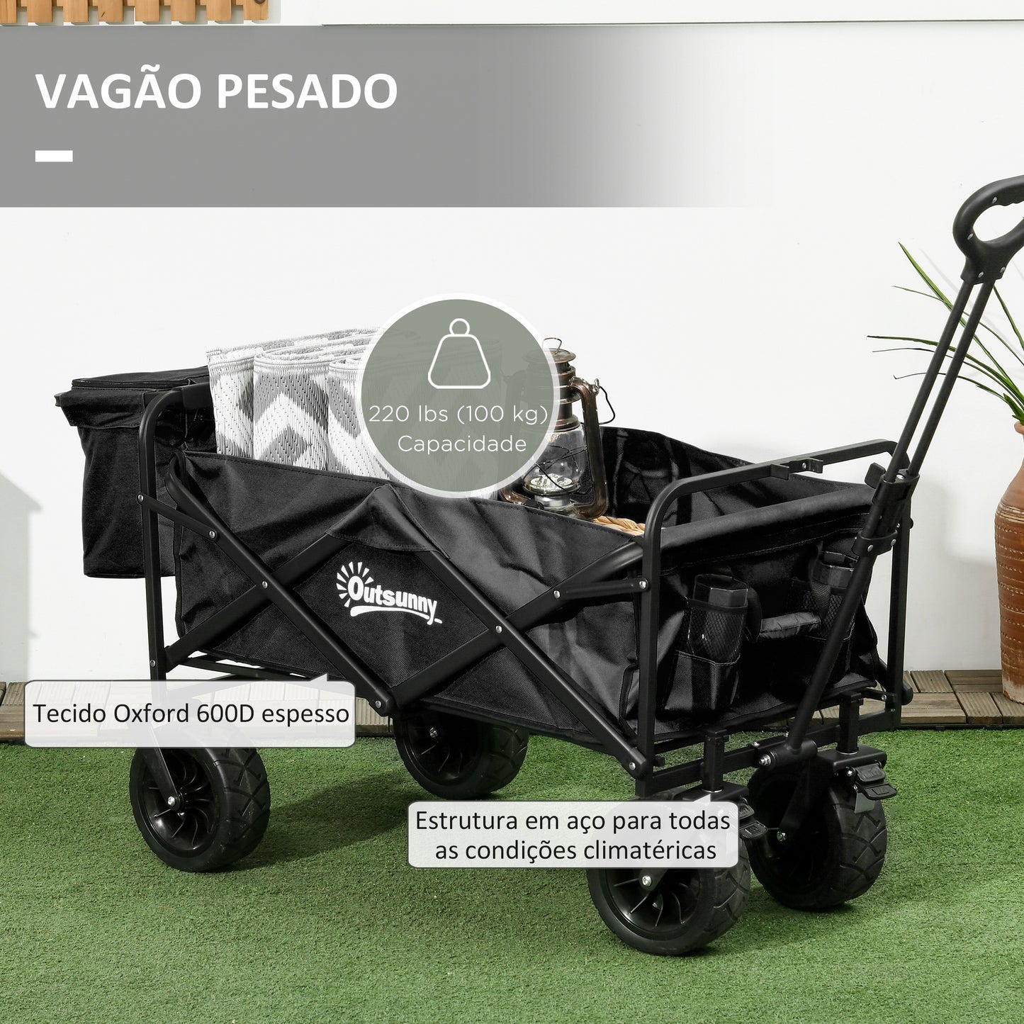 Outsunny Carrinho de Transporte com Bolsa Térmica Removível Carrinho Dobrável com Alça Ajustável e Bolsa de Transporte Capacidade 100 kg para Campismo Praia 113x57x77-100 cm Preto