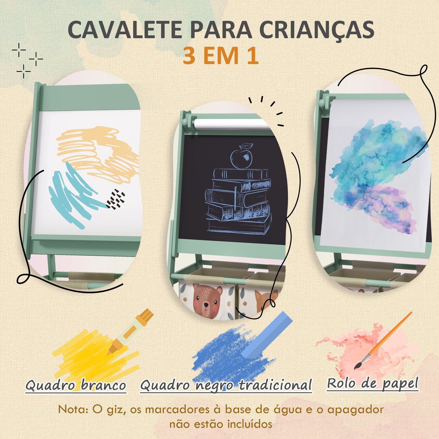 AIYAPLAY Cavalete para Crianças 3 em 1 Cavalete Infantil de Dupla Face Cavalete de Arte com Rolo de Papel Quadro e 2 Cestas de Armazenamento 54x46,5x93 cm Verde