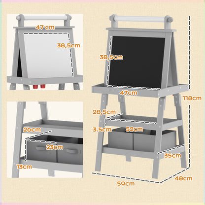 AIYAPLAY Quadro infantil Cavalete de Pintura Infantil 3 em 1 Quadro Magnético Dupla Face com Rolo de Papel e Cestos de Arrumação Cinzento