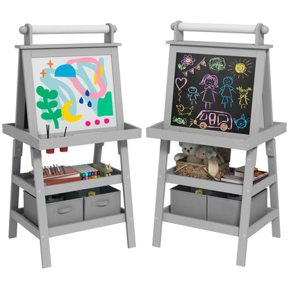 AIYAPLAY Quadro infantil Cavalete de Pintura Infantil 3 em 1 Quadro Magnético Dupla Face com Rolo de Papel e Cestos de Arrumação Cinzento