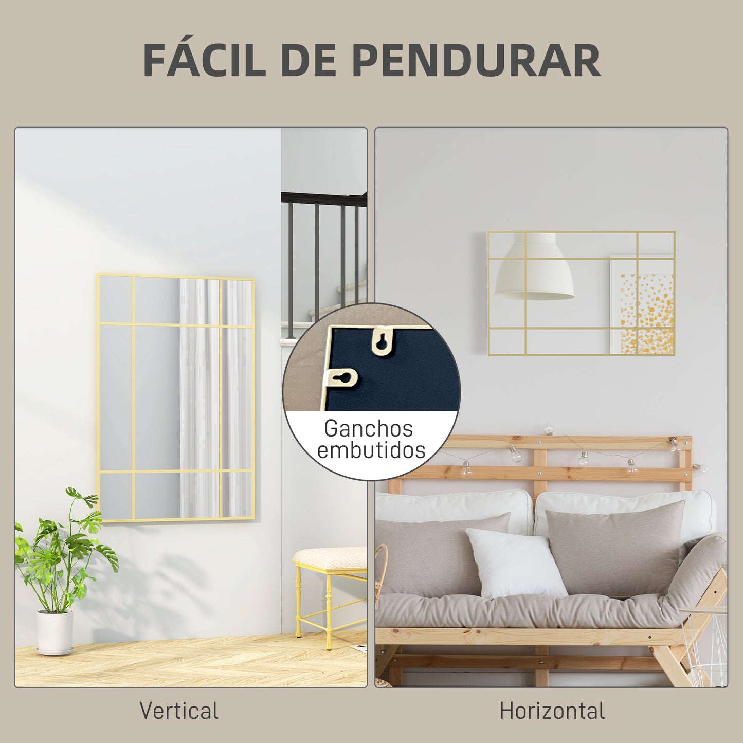 HOMCOM Espelho de Parede Retangular Espelho Estilo Janela 90x60 cm com Moldura de Metal Espelho Decorativo para Sala Quarto Entrada Dourado