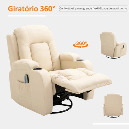 Poltrona de Massagem Reclinável até 150° Poltrona Relax com 8 Pontos de Massagem por Vibração Função de Aquecimento Giratória e Controlo Remoto 85x94x104 cm Creme