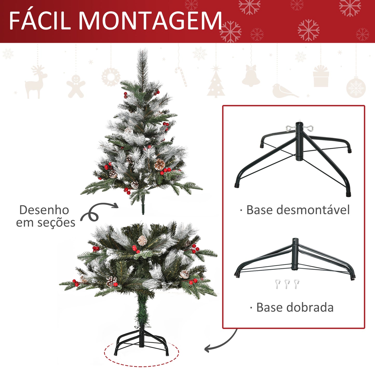 HOMCOM Árvore de Natal Artificial 120cm com 239 Ramas 27 Pinhas e 27 Frutinhas Folhas de PVC PE Base Dobrável e Suporte Metálico Decoração de Natal para Interiores Verde