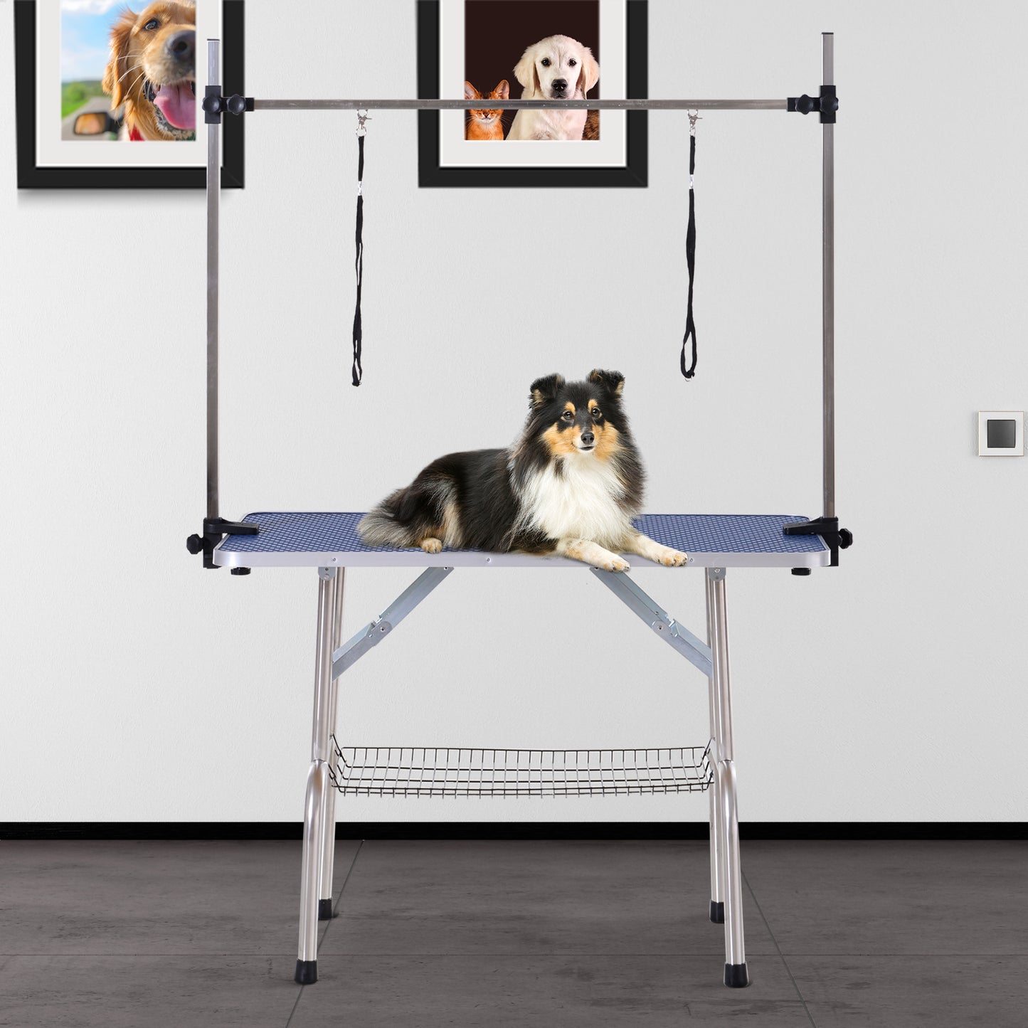 PawHut Mesa de Tosquia para Animais de Estimação Mesa de Tosquia para Cães Dobrável com Prateleira de Armazenamento Estrutura de Aço e Altura Ajustável 20-80 cm 107x60x170 cm Azul