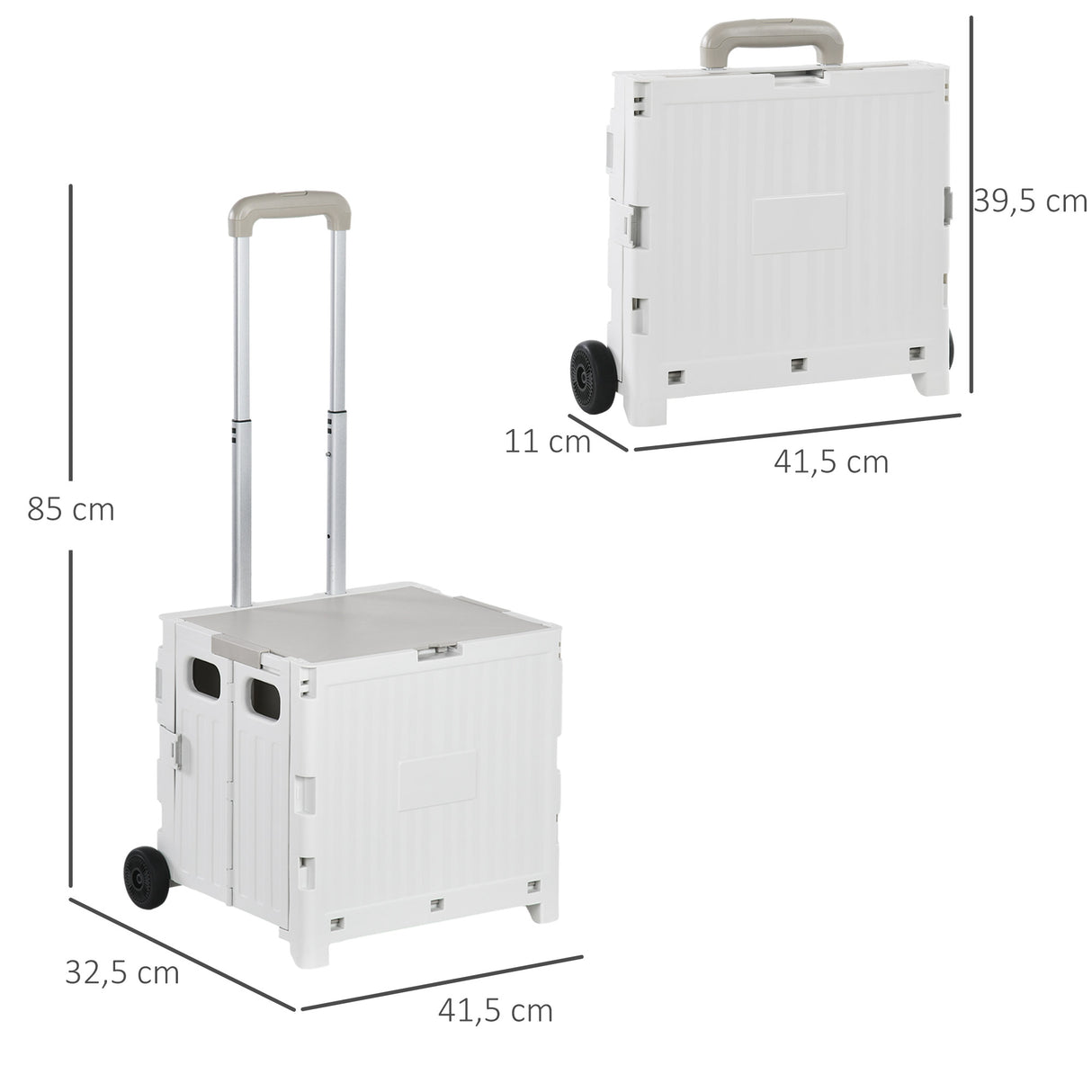 HOMCOM Carrinho de Armazenamento Dobrável Carrinho de Compras com 2 Rodas Comprimento de Pega Ajustável Capacidade 32L para Escritório Escola Casa 41,5x32,5x85 cm Branco