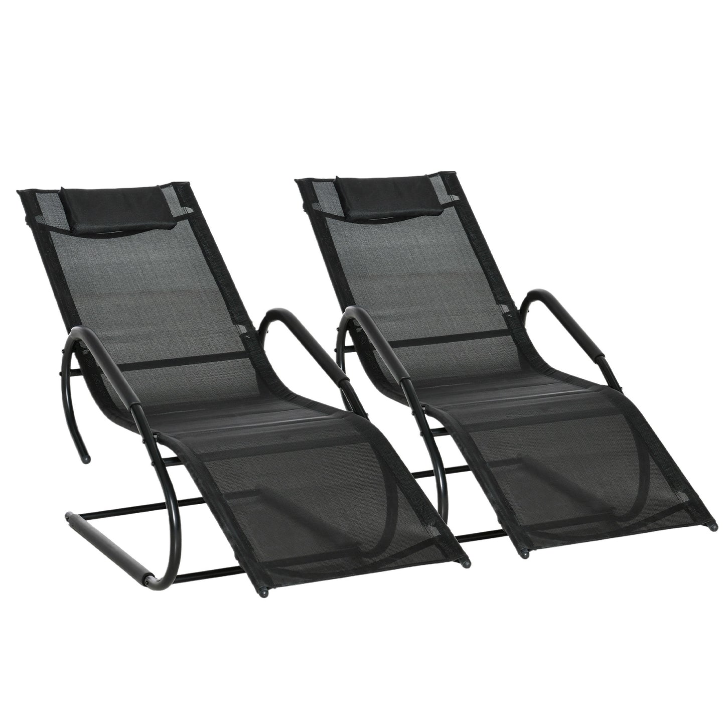 Outsunny Conjunto de 2 Espreguiçadeiras de Jardim Ergonómicas com Apoio para a Cabeça e Apoio para os Braços em Tecido Textilene Respirável para Terraço Pátio 59,5x160x83cm Preto