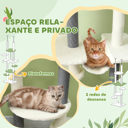 PawHut Arranhador para Gatos do Chão ao Teto 225-255 cm Arranhador para Gatos com 7 Níveis Rede Plataformas Postes de Arranhar Bola Suspensa Creme e Cinza