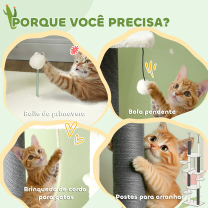 PawHut Arranhador para Gatos do Chão ao Teto 225-255 cm Arranhador para Gatos com 7 Níveis Rede Plataformas Postes de Arranhar Bola Suspensa Creme e Cinza