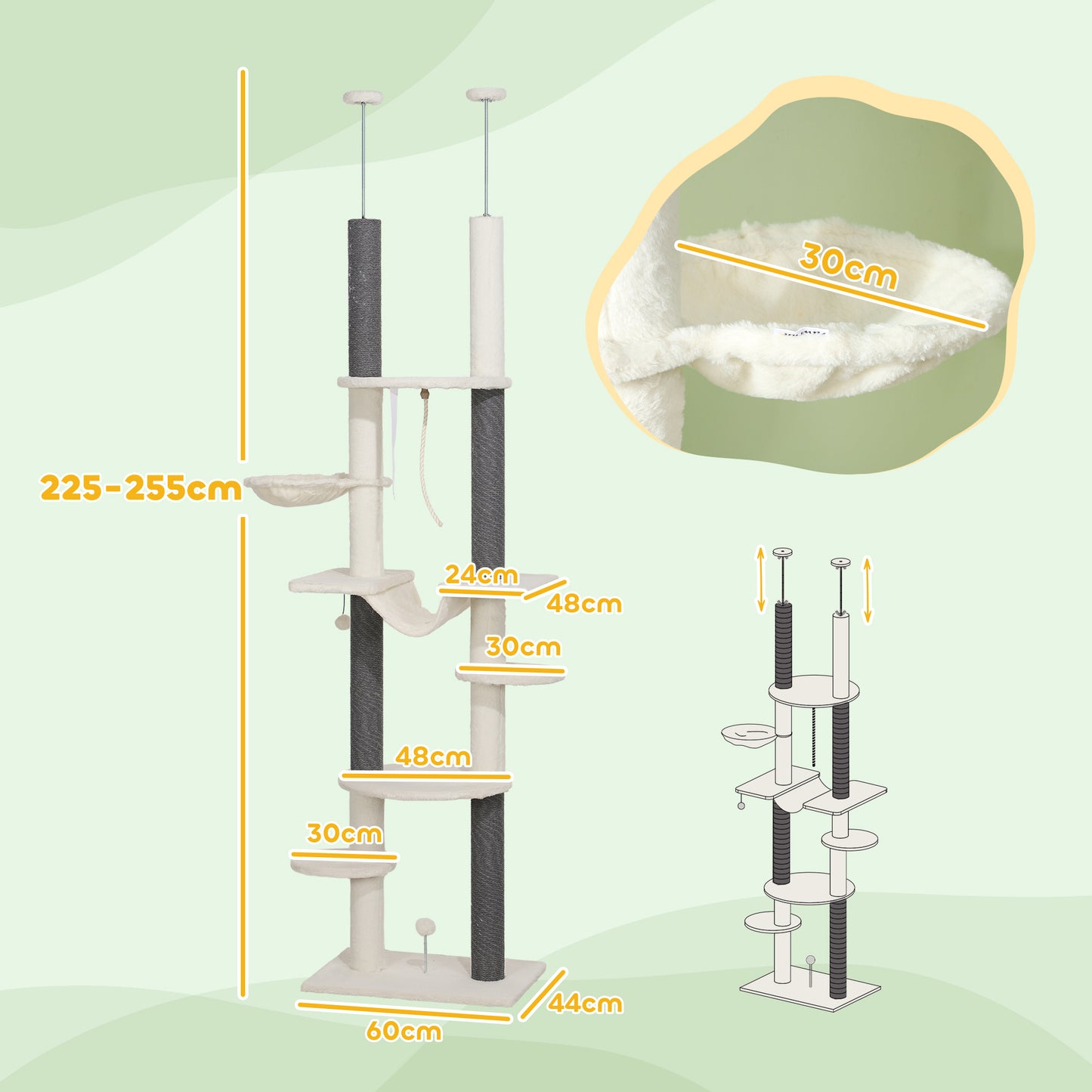 PawHut Arranhador para Gatos do Chão ao Teto 225-255 cm Arranhador para Gatos com 7 Níveis Rede Plataformas Postes de Arranhar Bola Suspensa Creme e Cinza