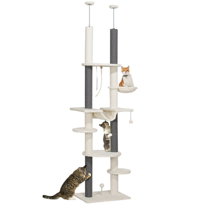 PawHut Arranhador para Gatos do Chão ao Teto 225-255 cm Arranhador para Gatos com 7 Níveis Rede Plataformas Postes de Arranhar Bola Suspensa Creme e Cinza