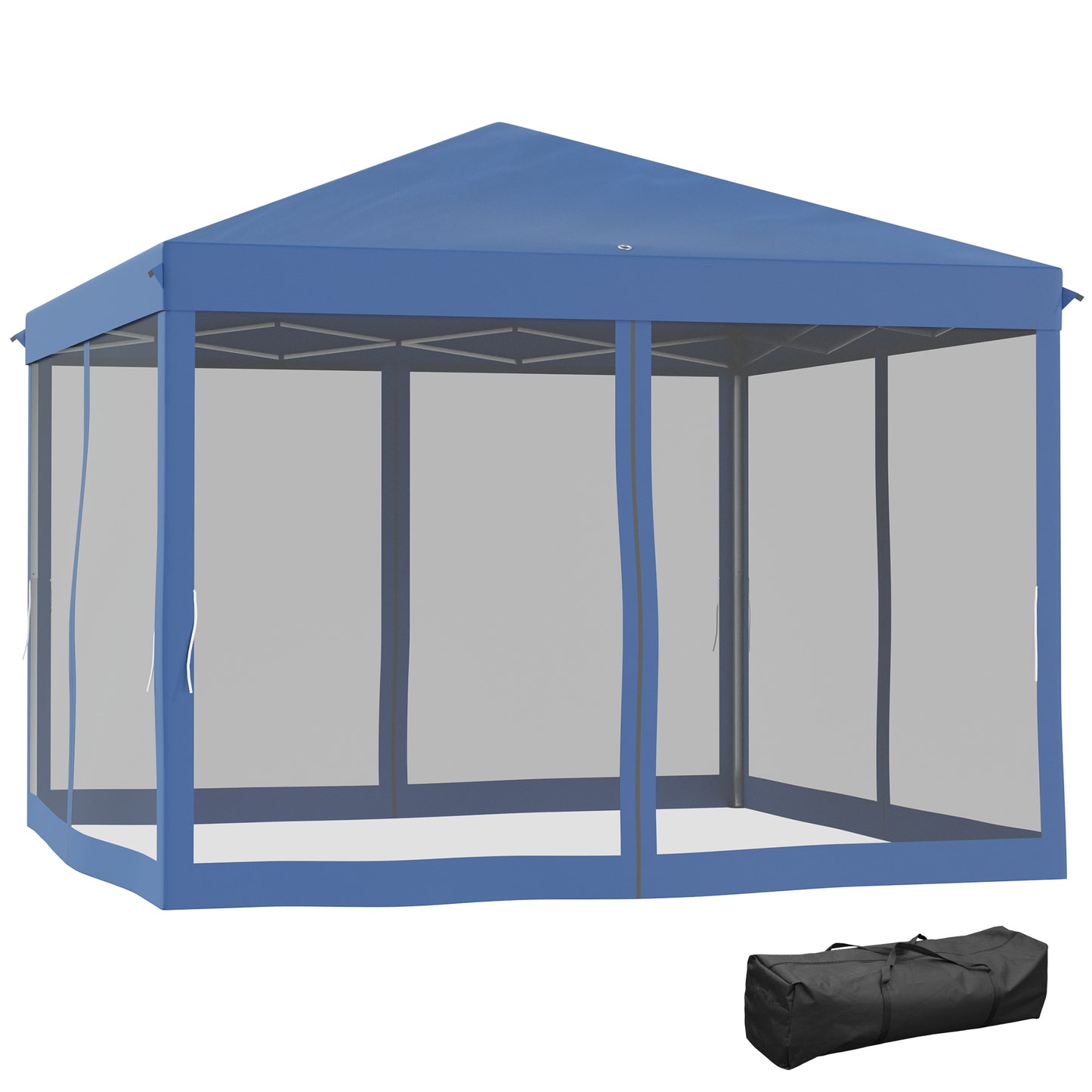 Outsunny Tenda Dobrável 295x295x260 cm Tenda de Jardim com 4 Paredes Laterais de Malha 8 Orifícios de Drenagem e Bolsa de Transporte para Jardim Pátio Festas Azul