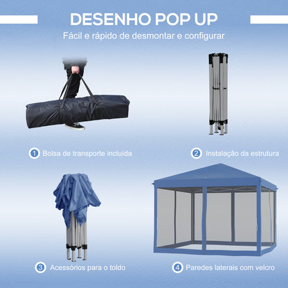 Outsunny Tenda Dobrável 295x295x260 cm Tenda de Jardim com 4 Paredes Laterais de Malha 8 Orifícios de Drenagem e Bolsa de Transporte para Jardim Pátio Festas Azul