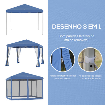 Outsunny Tenda Dobrável 295x295x260 cm Tenda de Jardim com 4 Paredes Laterais de Malha 8 Orifícios de Drenagem e Bolsa de Transporte para Jardim Pátio Festas Azul