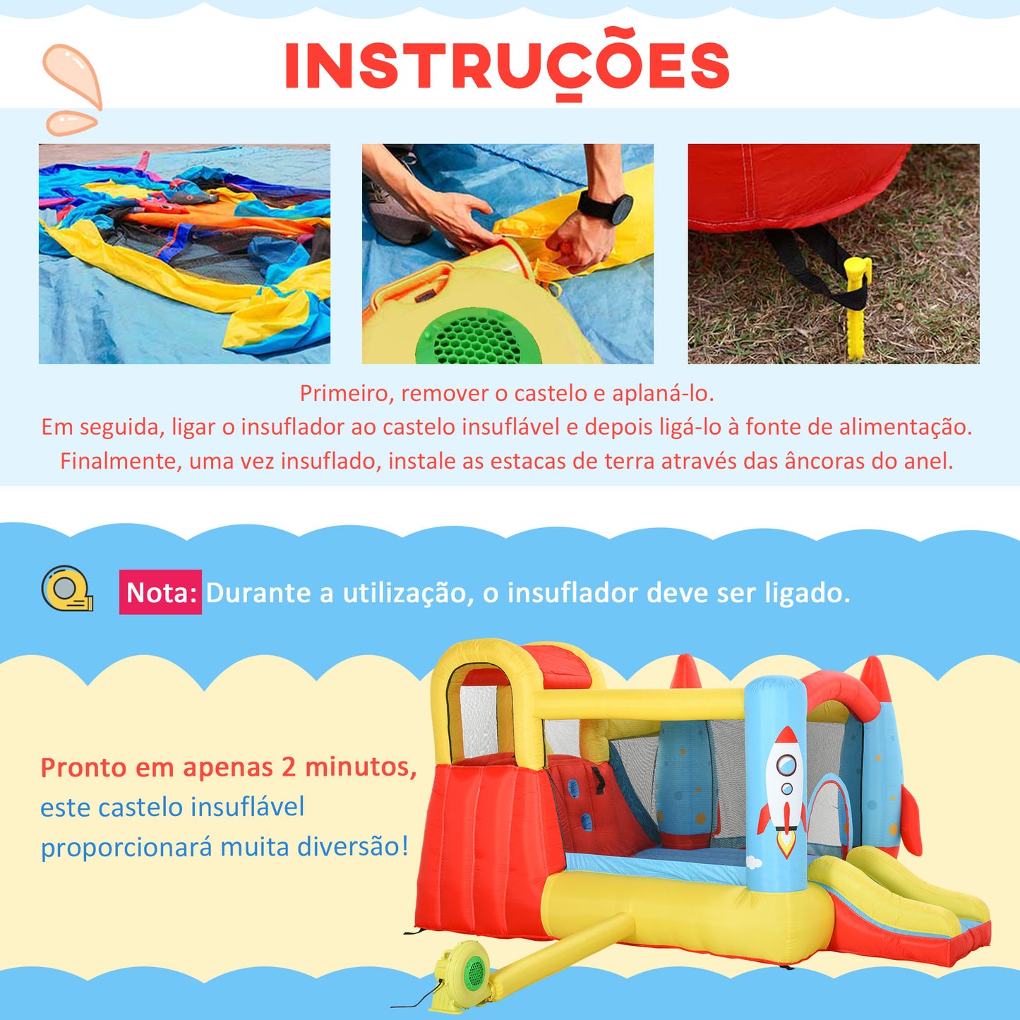 Parque Aquático / Castelo Insuflável com 2 Escorregas, Trampolim e Piscina para Crianças