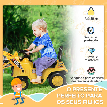 HOMCOM Carro Andador para Crianças acima de 3 Anos Escavadora Infantil com Pá Móvel Assento com Armazenamento Oculto e Buzina Carga Máxima 30kg 83x27x39cm Amarelo