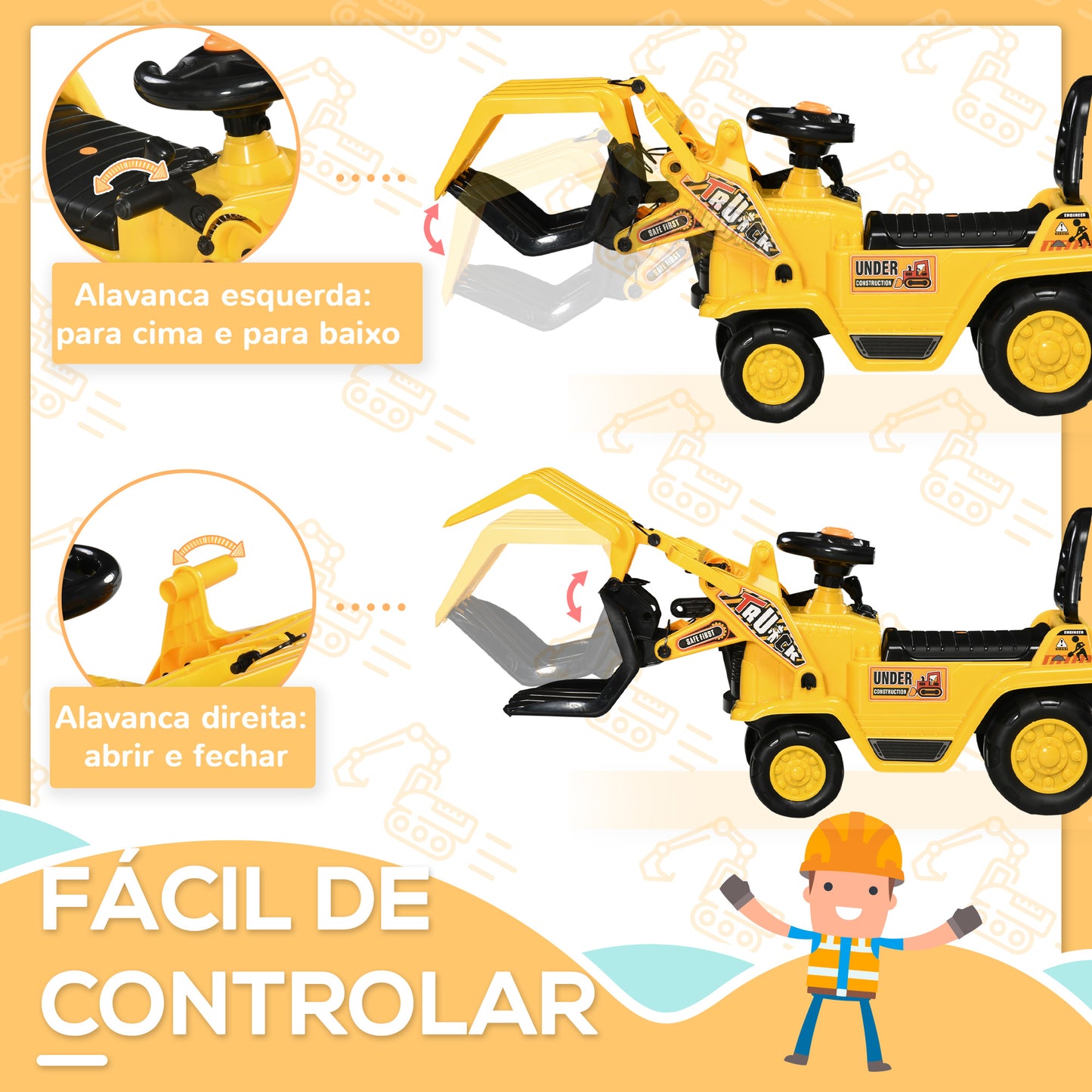 HOMCOM Carro Andador para Crianças acima de 3 Anos Escavadora Infantil com Pá Móvel Assento com Armazenamento Oculto e Buzina Carga Máxima 30kg 83x27x39cm Amarelo