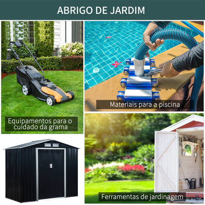 Abrigo de Jardim 213x130x185cm Abrigo de Jardim Metálico de Exterior para Armazenamento de Ferramentas com 2 Portas Deslizantes e 4 Janelas para Terraço Cinza Escuro