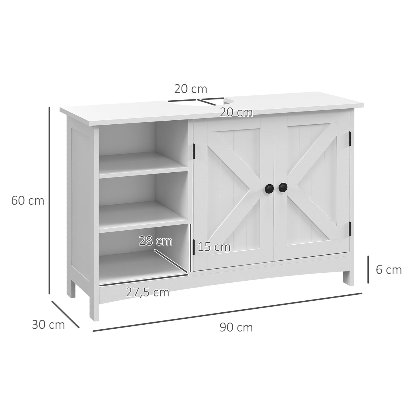 kleankin Móvel para Lavatório Pousar de Madeira Móvel para Lavatório com 1 Armário 3 Prateleiras Abertas e Prateleira Ajustável Estilo Moderno Carga Máxima 31 kg 90x30x60 cm Branco