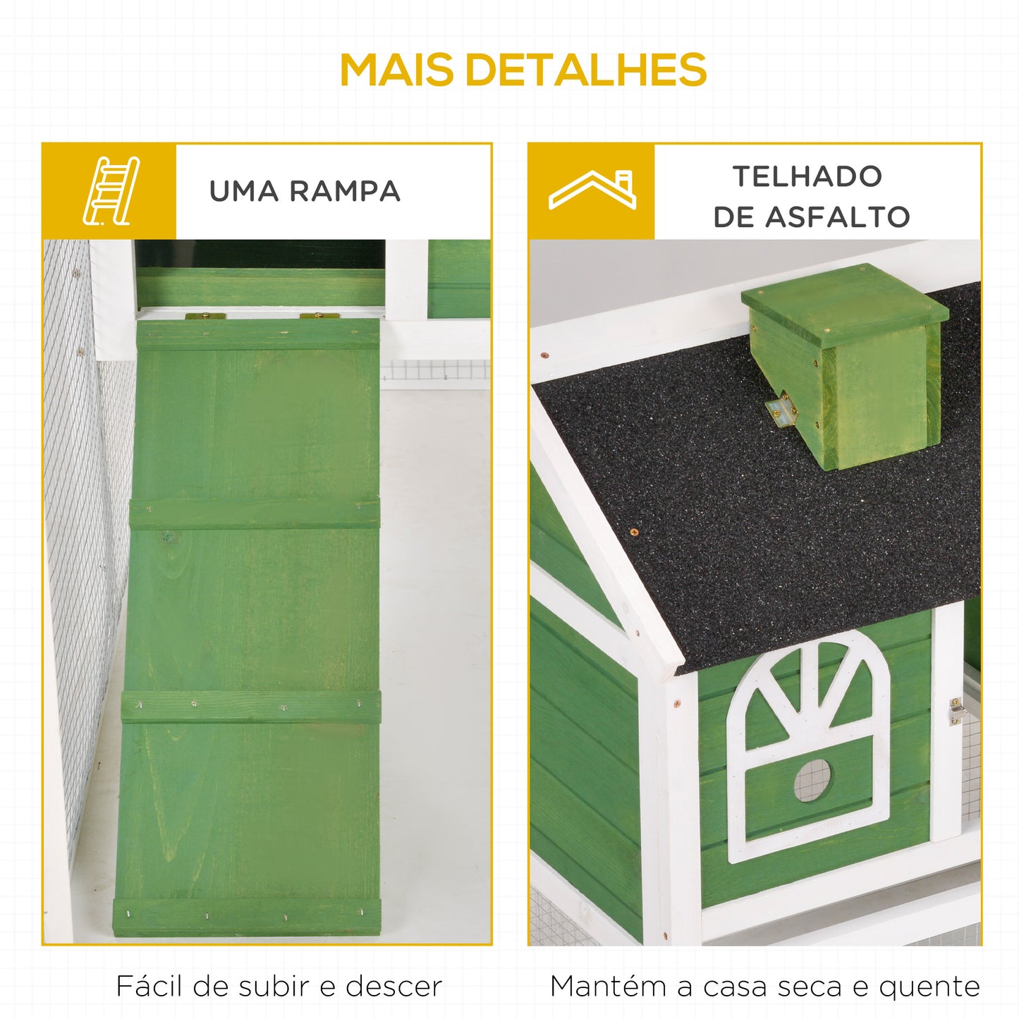 PawHut Coelheira de Madeira 120x60x79 cm Coelheira Grande com Teto Asfáltico Bandeja Removível Escada e Chaminé para Exterior Verde