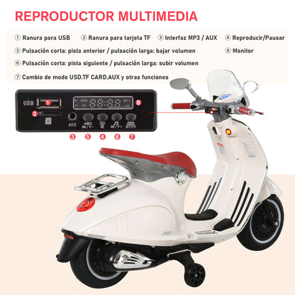 HOMCOM Mota Elétrica Vespa com Faróis Música 2 Rodas Auxiliares para Crianças acima de 3 Anos Mota Elétrica Infantil 108x49x75 cm Branco