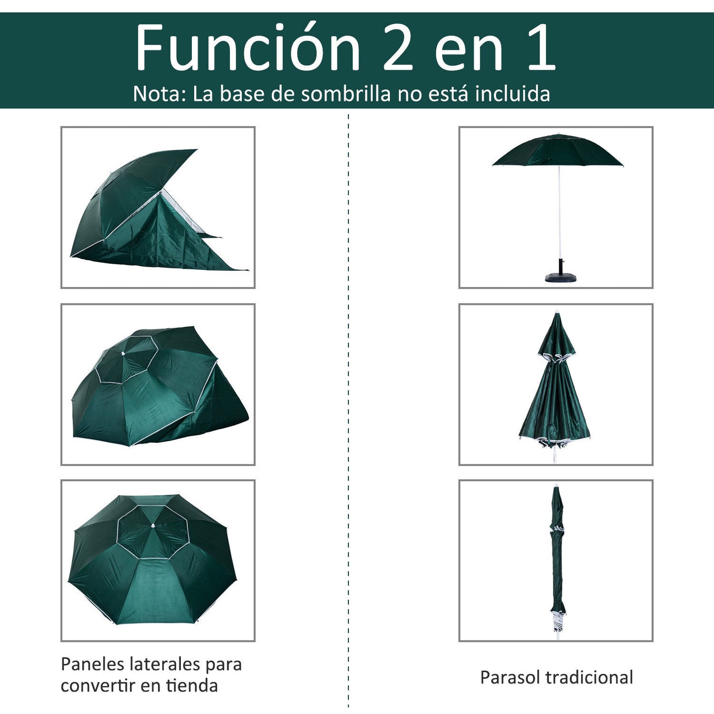 Outsunny Chapéu de Sol de Praia com Painéis Laterais Tipo Tenda Chapéu de Sol para Praia com Proteção UV Φ210x222cm Verde Escuro