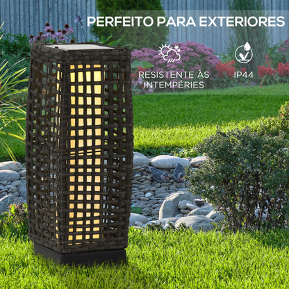 Outsunny Candeeiro de Jardim de Vime Sintético Candeeiro Solar de Exterior com Luzes LED Ligar/Desligar Automático para Varanda Pátio 17x17x46 cm Cinza