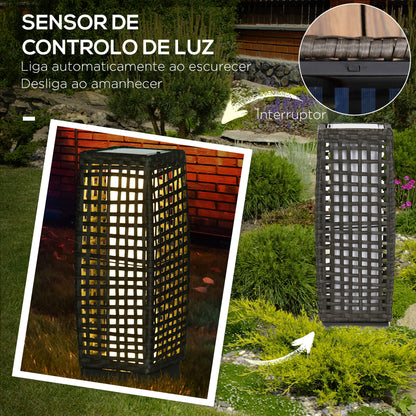 Outsunny Candeeiro de Jardim de Vime Sintético Candeeiro Solar de Exterior com Luzes LED Ligar/Desligar Automático para Varanda Pátio 17x17x46 cm Cinza