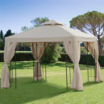 Outsunny Gazebo de jardim Pavilhão de 3 x 3 m com 4 cortinas laterais removíveis com zíper, 8 orifícios de drenagem e telhado duplo bege