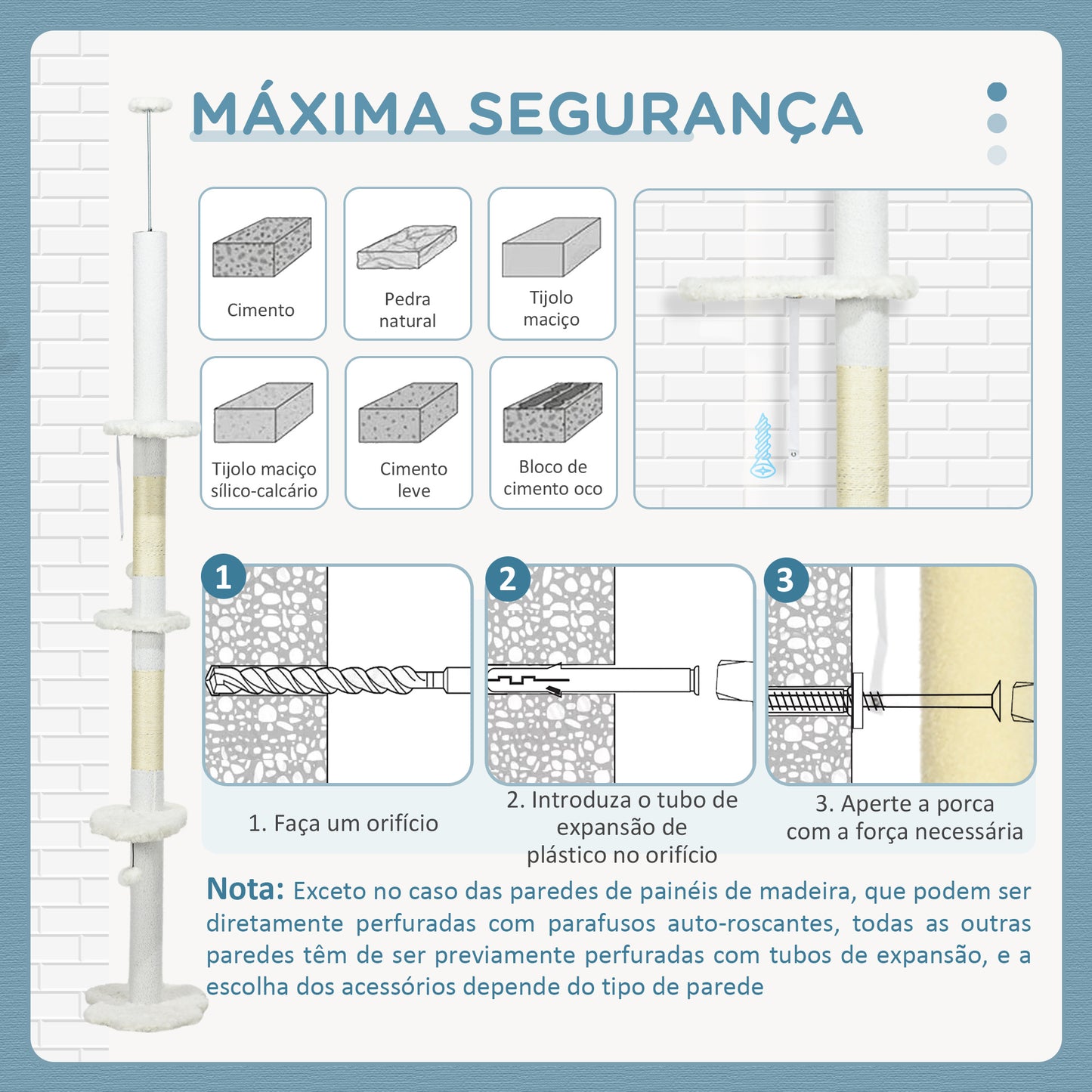 PawHut Arranhador para Gatos de 255 cm Torre para Gatos do Chão ao Teto com Altura Ajustável 3 Plataformas em Forma de Nuvem Poste de Arranhar e Bolas Suspensas 48x32x225-255 cm Branco