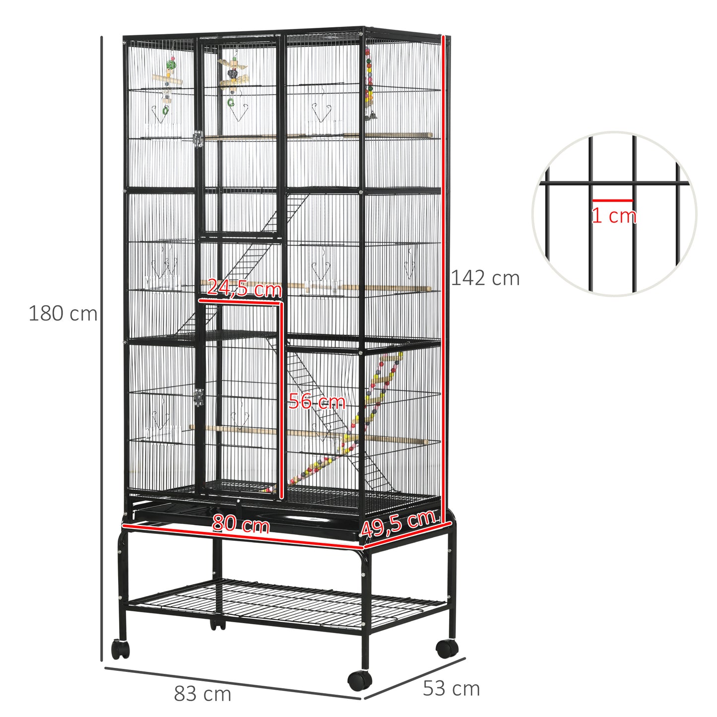 PawHut Gaiola para Pássaros com Rodas 83x53x180 cm Gaiola Metálica de 3 Níveis com 3 Poleiros Comedouros Brinquedos Rampas e Prateleira de Armazenamento para Canários Periquitos Preto