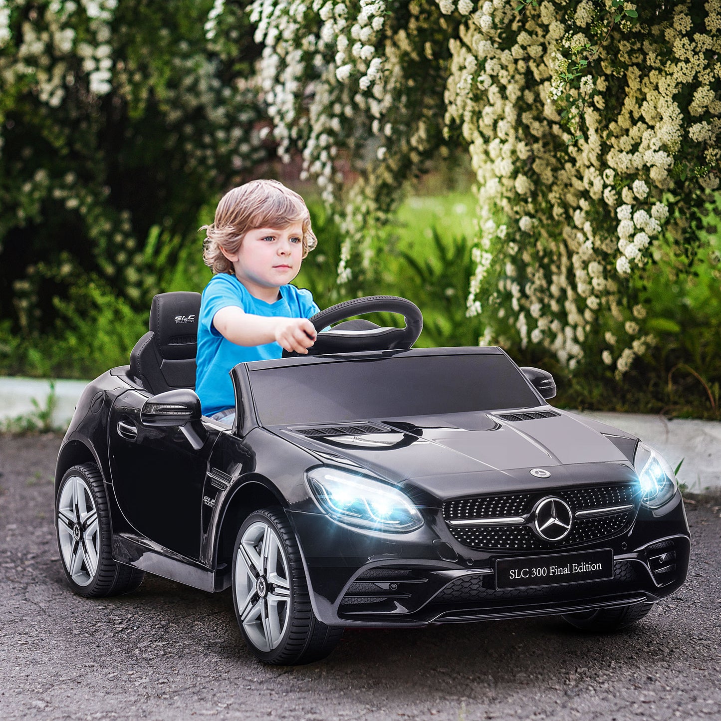 AIYAPLAY Carro Elétrico Mercedes SLC 300 12V para Crianças de 3-6 Anos com Controlo Remoto Faróis LED Buzina Música TF USB e Abertura da Porta 3-5km/h 107x62,5x44 cm Preto